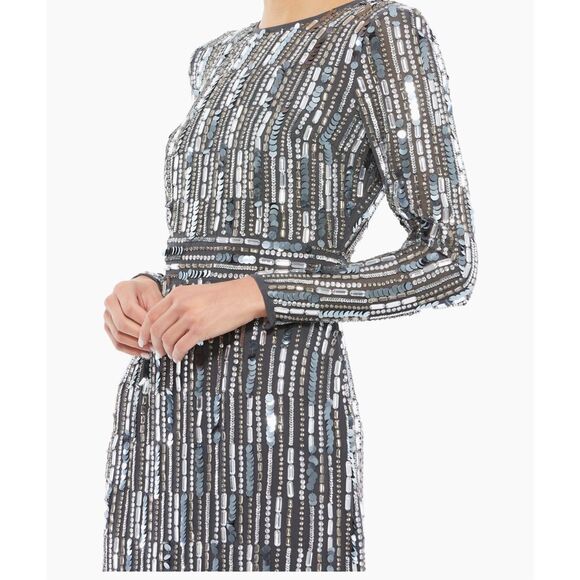 MAC DUGGAL Embellished High Neck Long Sleeve Fitted Dress in charcoal Sz 10 NWT - Picture 3 of 7
